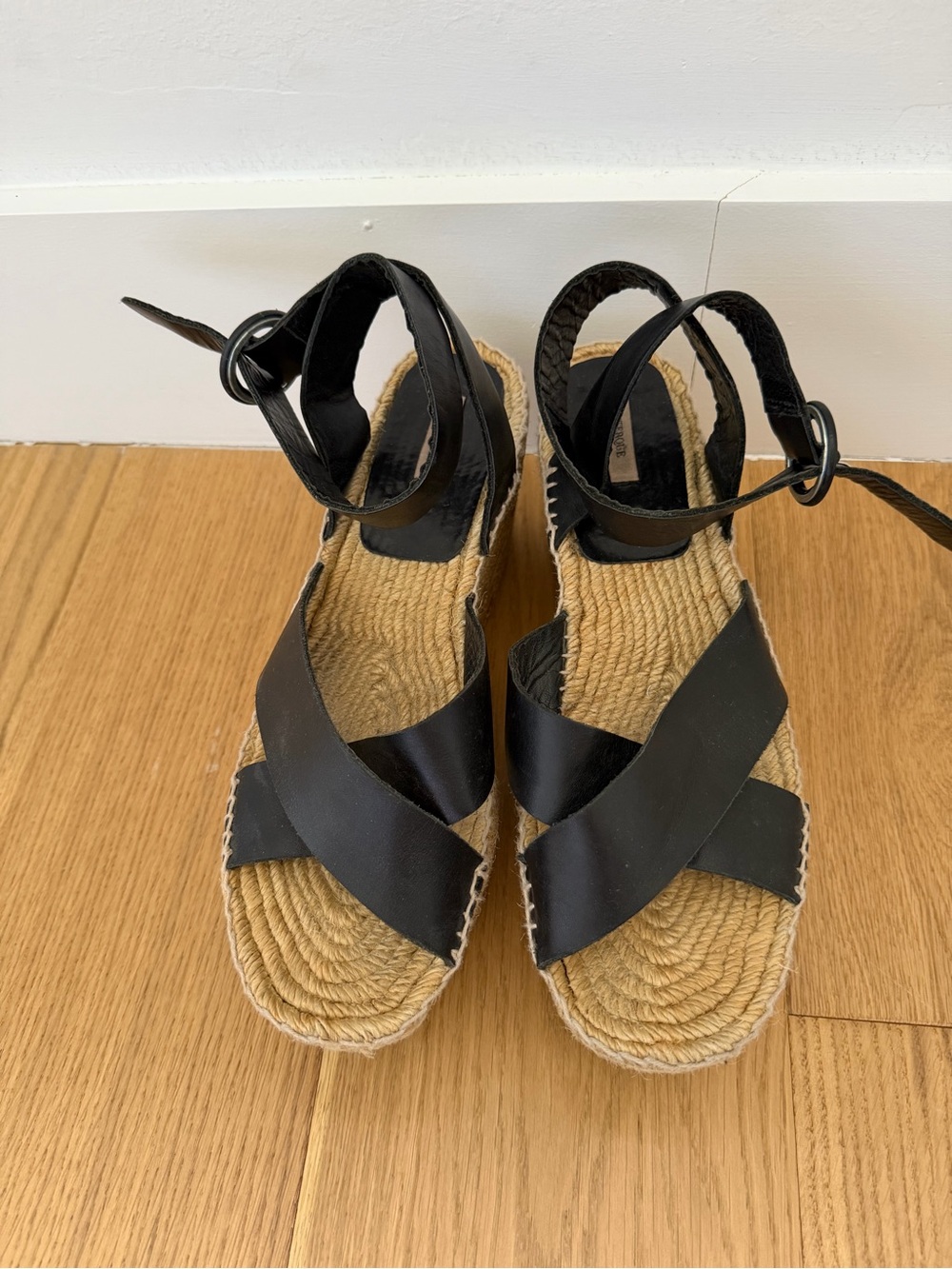 Uterque Black Leather Cross-Strap Espadrille Wedges with Ankle Wrap